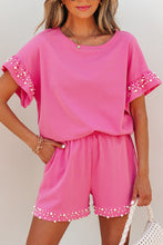 Load image into Gallery viewer, Bright Pink Textured Pearled Ruffle Sleeve Top 2 Piece Shorts Set