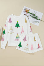 Load image into Gallery viewer, White Stripe Multi Christmas Tree Long Sleeve Top and Shorts 2pcs Lounge Set