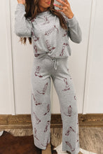Cargar imagen en el visor de la galería, Gray Cowgirl Boots Printed Long Sleeve Top Pants Lounge Set