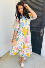 Load image into Gallery viewer, Multicolour Floral Doodle Print Striped Trim V Neck Midi Dress