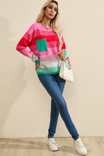 Load image into Gallery viewer, Rose Striped Knit Patch Pocket Drop Shoulder Sweater