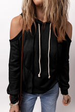 Load image into Gallery viewer, Black Exposed Seam Cold Shoulder Drawstring Hoodie
