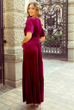Load image into Gallery viewer, Red Dahlia Velvet Short Sleeve Shirred Waist Tiered Maxi Dress