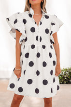 Load image into Gallery viewer, White Polka Dot Print Half Button Ruffled Short Sleeve Loose Mini Dress