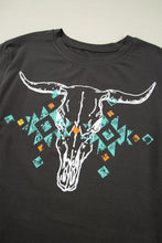 Load image into Gallery viewer, Carbon Grey Vintage Western Bull Head Skull Turquoise Aztec Graphic T Shirt