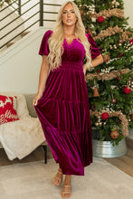 Load image into Gallery viewer, Red Dahlia Velvet Short Sleeve Shirred Waist Tiered Maxi Dress