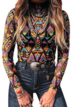 Cargar imagen en el visor de la galería, Color black Abstract Print Long Sleeve Stand Neck Mesh Top