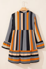 Load image into Gallery viewer, Black Striped Polka Dot Print Ruffled Hem V Neck Mini Dress