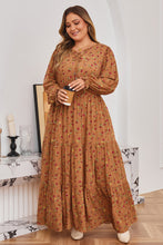 Load image into Gallery viewer, Brown Plus Size Floral Split V Neck Ruffled Sleeve Tiered Maxi Dress