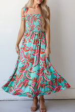Load image into Gallery viewer, Green Abstract Print Smocked Bodice Knotted Straps Ruffled Maxi Dress