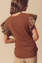 Load image into Gallery viewer, Cinnamon Leather Ruffle Sleeve Patchwork Round Neck Blouse