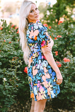 Load image into Gallery viewer, Blue Collared Split Neck Floral Flared Dress