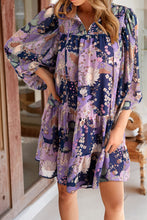 Load image into Gallery viewer, Purple Vintage Daisy Floral Puff Sleeve Ruffle Short Dress