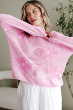 Load image into Gallery viewer, Light Pink Big Flower Hollowed Knit Drop Shoulder Sweater