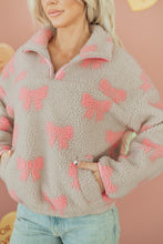 Load image into Gallery viewer, Gray Bow Sherpa Quarter Zip Drop Shoulder Baggy Sweatshirt