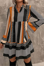 Load image into Gallery viewer, Black Striped Polka Dot Print Ruffled Hem V Neck Mini Dress