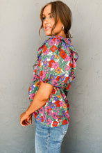 Cargar imagen en el visor de la galería, Red Floral Tie Split Neck Ruffle Puff Sleeve Blouse