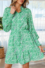 Load image into Gallery viewer, Green Paisley Print Long Sleeve Button Front Tied Waist Mini Dress