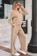 Cargar imagen en el visor de la galería, Oatmeal Varsity Striped Detail Crewneck Pullover Elastic Sweatpants 2pcs Outfit