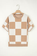 Load image into Gallery viewer, Light French Beige Checkered Pattern Loose Drop Shoulder Half Sleeve Sweater