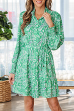 Load image into Gallery viewer, Green Paisley Print Long Sleeve Button Front Tied Waist Mini Dress
