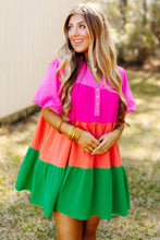 Load image into Gallery viewer, Multicolor Color Block Tiered Puff Sleeve Dress