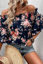Load image into Gallery viewer, Blue Ruffle Off Shoulder Flounce Sleeve Floral Blouse