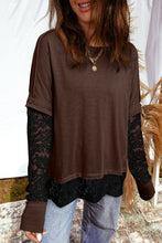 Load image into Gallery viewer, Dark Brown Sheer Lace Patchwork Casual Long Sleeve Tee