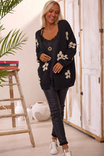 Cargar imagen en el visor de la galería, Black Floral Print Knitted Open Front Loose Cardigan