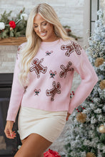 Load image into Gallery viewer, Pink Christmas Ginger Bread Man Print Round Neck Casual Sweater