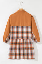 Load image into Gallery viewer, Khaki Plaid Color Block Patchwork Ruffle Hem Tunic Shirt Dress