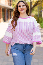 Load image into Gallery viewer, Pink Stripe Patchwork Bracelet Sleeve Plus Size T Shirt