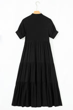 Load image into Gallery viewer, Black Hidden Buttons Short Sleeve Ruffle Tiered Long Flared Dress