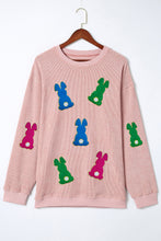 Load image into Gallery viewer, Pink Easter Rabbit Patched Pattern Corded Crewneck Sweatshirt