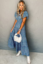 Load image into Gallery viewer, Blue Printed V Neck Shirred Short Puff Sleeve Maxi Dress
