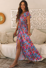 Load image into Gallery viewer, Blue Floral Print V Neck Wrap Split Maxi Dress