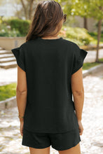 Load image into Gallery viewer, Black Textured Ruffle Split Top and Drawstring Shorts