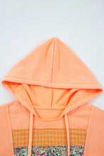Load image into Gallery viewer, Grapefruit Orange Plaid Floral Patchwork Kangaroo Pocket Hooded Long Sleeve Top