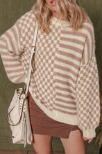 Load image into Gallery viewer, Khaki Stripe Checkerboard Drop Shoulder Balloon Sleeve Sweater