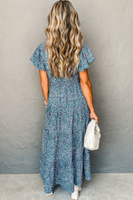 Load image into Gallery viewer, Blue Printed V Neck Shirred Short Puff Sleeve Maxi Dress