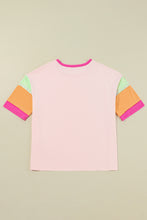 Load image into Gallery viewer, Pink Color Block Stitching Sleeve Round Neck Oversize Top