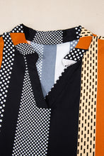 Load image into Gallery viewer, Black Striped Polka Dot Print Ruffled Hem V Neck Mini Dress
