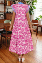 Load image into Gallery viewer, Pink Floral Print Color Block Patchwork V Neck Short Sleeve Midi Dress
