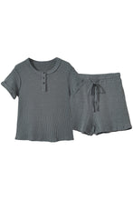 Load image into Gallery viewer, Laurel Green Waffle Knit Buttoned Top and Drawstring Shorts Set