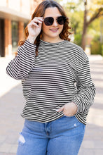 Load image into Gallery viewer, Black Stripe Drop Shoulder Puff Long Sleeve O Neck Plus Size T Shirt