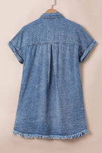 Load image into Gallery viewer, Blue Mineral Wash Cuffed Sleeve Frayed Hem Denim Dress
