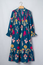 Load image into Gallery viewer, Blue Floral Print Gathered Neckline 7/8 Sleeve Casual Midi Dress