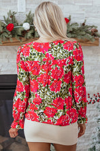 Cargar imagen en el visor de la galería, Red Floral Print Lace up V Neck Flounce Sleeve Blouse