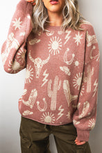 Cargar imagen en el visor de la galería, Peach Blossom Western Print Drop Shoulder Round Neck Long Sleeve Sweater