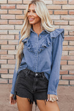 Load image into Gallery viewer, Dusk Blue Denim Ruffled Casual Top